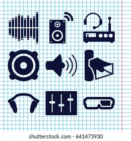 Set of 9 stereo filled icons such as volume, speaker, sliders, equalizer, earphones, music loudspeaker, listening device