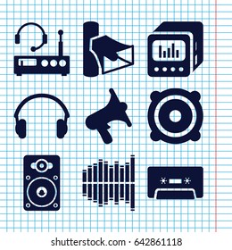 Set of 9 stereo filled icons such as volume, speaker, cassette, loudspeaker, equalizer, earphones, loud speaker with equalizer