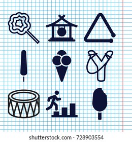 Set Of 9 Stick Filled And Outline Icons Such As Gong, Ice Cream On Stick, Triangle Musical Instrument, Ice Cream, Man Going Up, Lollipop, Drum