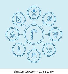 Set of 9 stick outline icons such as robot transmission, rabbit in magic hat, magic wand, cauldron, candy cane, hockey, fencing, man with shopping bag