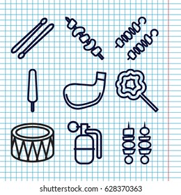 Set Of 9 Stick Outline Icons Such As Ice Cream On Stick, Kebab, Lollipop, Drum