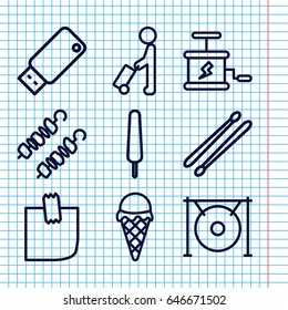 Set Of 9 Stick Outline Icons Such As Man With Luggage, Ice Cream On Stick, Gong, Drum Stick, Glued Note, Usb Drive, Kebab, Ice Cream