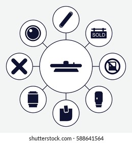 Set of 9 sticker filled icons such as no laptop, bandage, glued note, cross, camera lense