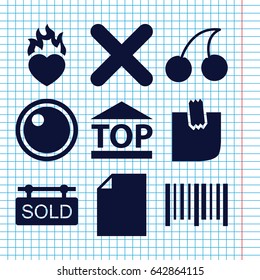 Set of 9 sticker filled icons such as cherry, top of cargo box, bar code, heart in fire, glued note, cross, camera lense, sold tag