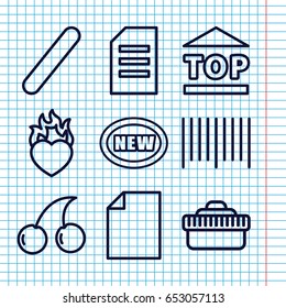Set of 9 sticker outline icons such as cherry, top of cargo box, bar code, heart in fire, bandage, camera lense, new