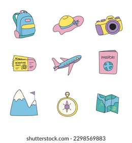 Set of 9 stickers for travel or hiking in the mountains or forest on a white background