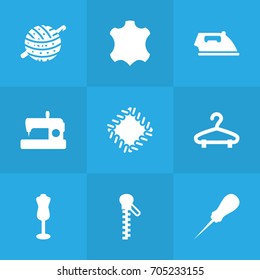Set Of 9 Stitch Icons Set.Collection Of Bodkin, Flatiron, Fastener And Other Elements.