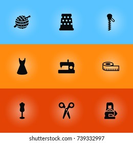 Set Of 9 Stitch Icons Set.Collection Of Knitting, Fastener, Cutter And Other Elements.