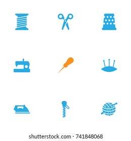 Set Of 9 Stitch Icons Set.Collection Of Seamstress, Knitting, Flatiron And Other Elements.