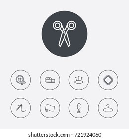 Set Of 9 Stitch Outline Icons Set.Collection Of Measuring Tape, Scissors, Hanger And Other Elements.