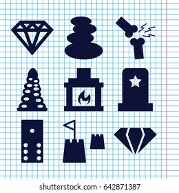 Set of 9 stone filled icons such as tunnel, gem, spa stones, diamond, broken leg or arm, fireplace, castle tower, headstone