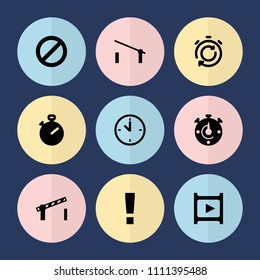 Set of 9 stop filled icons such as barrier, stopwatch, prohibited, road barrier, exclamation point, clock