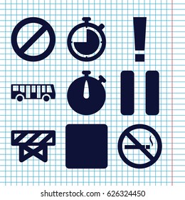 Set of 9 stop filled icons such as airport bus, barrier, no smoking, prohibited, pause, stop, stopwatch