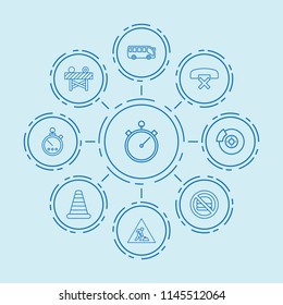 Set of 9 stop outline icons such as break, cone barrier, road barrier, road working sign, stopwatch, no call, bus