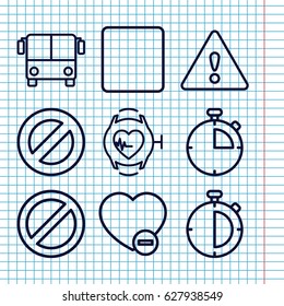 Set of 9 stop outline icons such as airport bus, minus favorite, prohibited, heartbeat watch, stop, warning