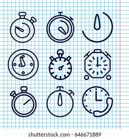 Set of 9 stopwatch outline icons such as stopwatch, stopwatch camera