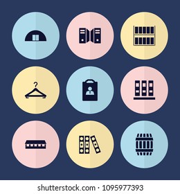 Set of 9 storage filled icons such as barrel, barn, binder, server, resume, hanger, cargo barn