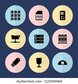 Set of 9 storage filled icons such as cargo barn, flash drive, folder, server, memory card, luggage storage, binder