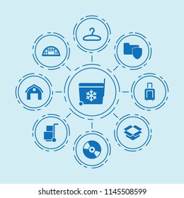 Set of 9 storage filled icons such as hangar, cargo, disc, folder security, packaging, hanger, refrigerator bag
