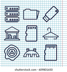 Set of 9 storage outline icons such as hanger, arrow up, cargo barn, folder, memory card, usb drive, barn