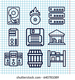 Set of 9 storage outline icons such as barrel, cargo barn, diskette, cd fire, hard disc