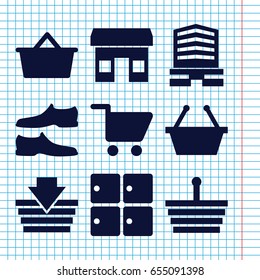Set of 9 store filled icons such as luggage storage, man shoe, business center, shopping cart, shopping bag, shopping basket