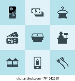Set of 9 store filled icons such as toothbrush, hanger, money, credit card, store, store window, cashier, mobile shopping