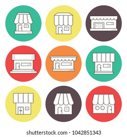 Set of 9 store front icons. Flat design. It can be used as - logo, pictogram, icon, infographic element. Vector illustration for your cute design.