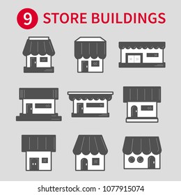 Set of 9 store front icons. Flat design. It can be used as - logo, pictogram, icon, infographic element. Vector illustration for your cute design.