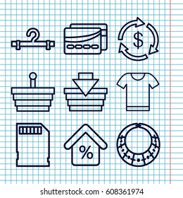 Set of 9 store outline icons such as Money, hanger, memory card, mortgage, card, t-shirt, shopping basket