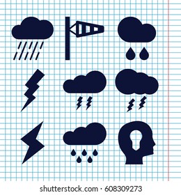 Set of 9 storm filled icons such as wind cone, flash, rain, thunderstorm