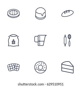 Set Of 9 Stove Outline Icons Set.Collection Of Cake, Bread, Measuring Cup And Other Elements.
