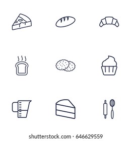 Set Of 9 Stove Outline Icons Set.Collection Of Croissant, Measuring Cup, Cookie And Other Elements.