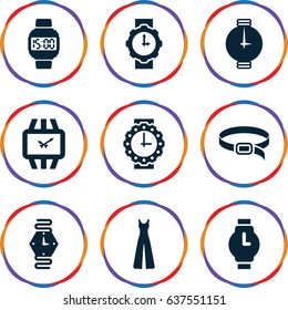set of 9 strap filled icons such as jumpsuit, belt, wrist watch, wrist watch for woman