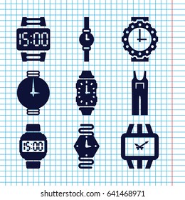 Set of 9 strap filled icons such as jumpsuit, wrist watch, wrist watch for woman