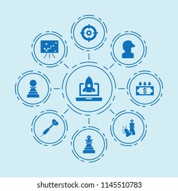 Set of 9 strategy filled icons such as devaluation, checkmate, chess, start up, football plan, target, dart, pawn