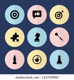 Set of 9 strategy filled icons such as dart, chess king, horse chess, target, thumb up, puzzle