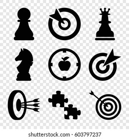 Set of 9 strategy filled icons such as target, chess horse, chess pawn, chess king, apple target, arrows in target