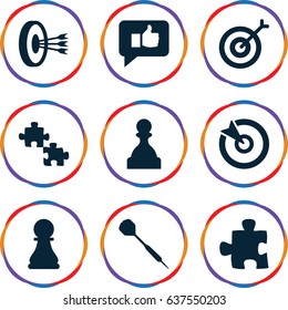 set of 9 strategy filled icons such as dart, chess pawn, target, thumb up, pawn, arrows in target