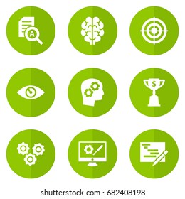 Set Of 9 Strategy Icons Set.Collection Of Intelligence, Thinking Head, Vision And Other Elements.