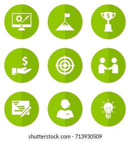 Set Of 9 Strategy Icons Set.Collection Of Bulb, Call Center, Goal And Other Elements.