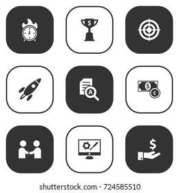 Set Of 9 Strategy Icons Set.Collection Of Document Checking, Goal, Goblet And Other Elements.