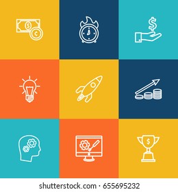 Set Of 9 Strategy Outline Icons Set.Collection Of Achievement, Deadline, Money Saving And Other Elements.