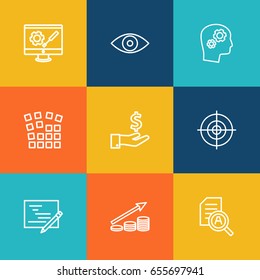 Set Of 9 Strategy Outline Icons Set.Collection Of Grid Structure, Eye, Money Saving And Other Elements.