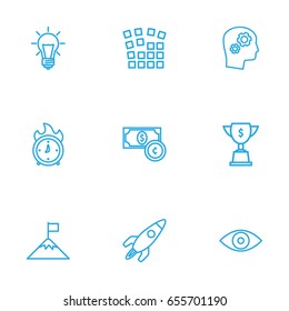 Set Of 9 Strategy Outline Icons Set.Collection Of Idea, Startup, Solution And Other Elements.