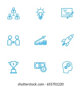 Set Of 9 Strategy Outline Icons Set.Collection Of Currency, Planning, Achievement And Other Elements.