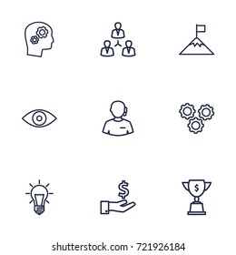Set Of 9 Strategy Outline Icons Set.Collection Of Teamwork, Eye, Idea And Other Elements.