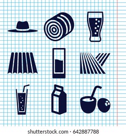 Set of 9 straw filled icons such as field, hay, soda, hat, milk, drink