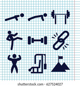 Set of 9 strength filled icons such as barbell, push up, bodybuilder, flag on mountain, chain, man doing exercises