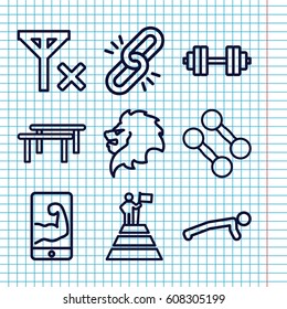 Set of 9 strength outline icons such as lion, no signal, muscular arm  on phone, barbell   isolated, man at the top of the mountain with flag, chain, dumbbell, horizontal bar